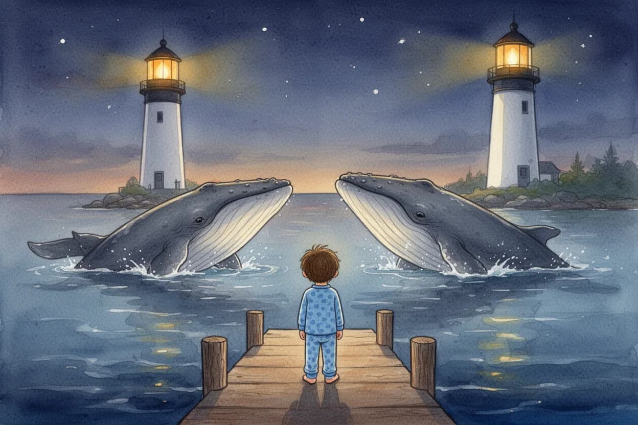 A child in pyjamas stands at the end of a jetty at dusk, watching whales surface beside a lit lighthouse