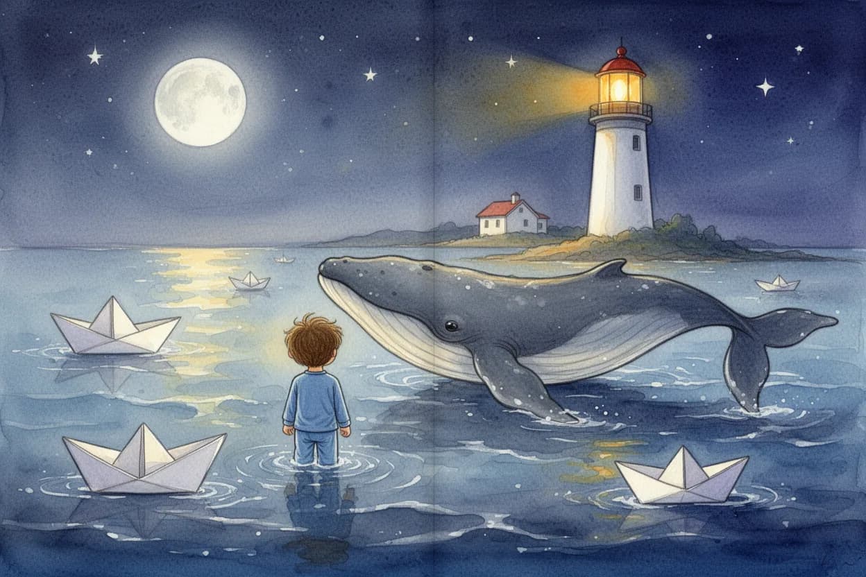 The same child and the same whale travel together past paper boats under a full moon