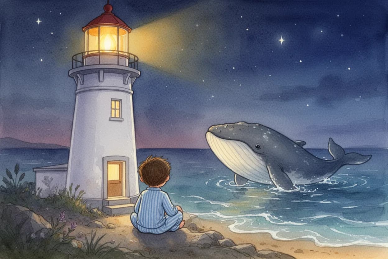 A child sits at the foot of a lighthouse at dusk while a whale listens from the shallows